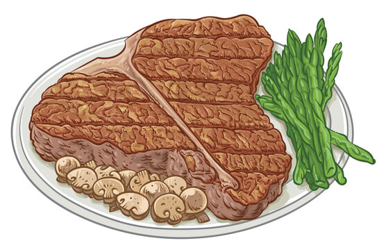 T-bone or porterhouse steak with mushrooms and asparagus on plate vector illustration isolated on white background.