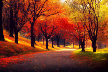 3D Illustration, selective focused, blurred, colorful fall forest landscape hd wallpaper.