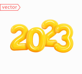 2023 Happy New Year. Holiday Season Celebration Party 2023. Christmas decoration. Number 2023 in shiny plastic cartoon style isolated on white background. Realistic 3d design element. 3D Vector
