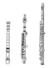 Vector set of three different flutes in black - obrazy, fototapety, plakaty