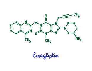 Obraz premium Linagliptin hand drawn vector formula chemical structure lettering blue green