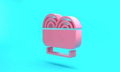Pink Asian noodles in bowl and chopsticks icon isolated on turquoise blue background. Street fast food. Korean, Japanese, Chinese food. Minimalism concept. 3D render illustration