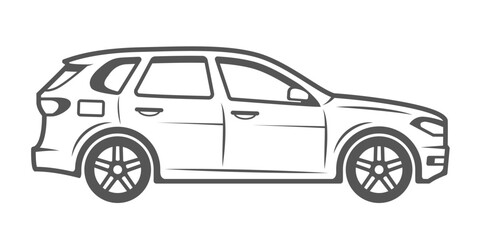 SUV. Car vector illustration in hand-drawn style for logos, emblems and off-road competitions. All wheel drive vehicle. Black silhouette on a white background. Side view.