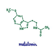 Melatonin hand drawn vector formula chemical structure lettering blue green