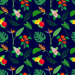 Fototapeta na wymiar Seamless pattern with tropical plants with a bright flowers. Vector color illustration on the dark background.