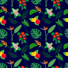 Seamless pattern with  tropical plants with a bright flowers.  Vector color illustration on the dark background.