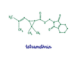 Tetramethrin hand drawn vector formula chemical structure lettering blue green