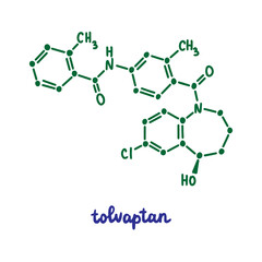 Tolvaptan hand drawn vector formula chemical structure lettering blue green