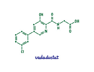 Vadadustat hand drawn vector formula chemical structure lettering blue green