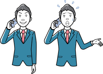 携帯電話をかけるビジネスマン、ビジネスウーマン