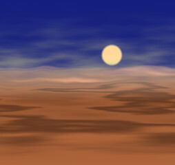 Landscape Illustration of a deep blue sky with the moon shining over a sandy landscape