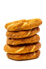 Sesame bagel. Turkish bagel isolated on white background. Bakery products. close up