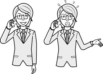 携帯電話をかけるビジネスマン、ビジネスウーマン