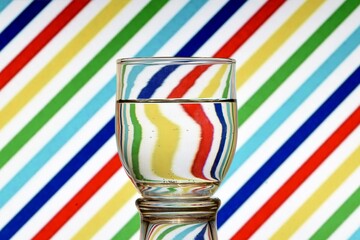 Ilusión óptica creada mediante la refracción de la luz con un vaso de agua y lineas diagonales...