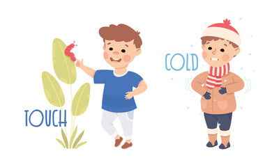 Little Boy Showing Sense Touching Worm Creeping on Leaf and Trembling with Cold Vector Set