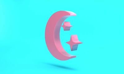 Pink Moon and stars icon isolated on turquoise blue background. Cloudy night sign. Sleep dreams symbol. Full moon. Night or bed time sign. Minimalism concept. 3D render illustration
