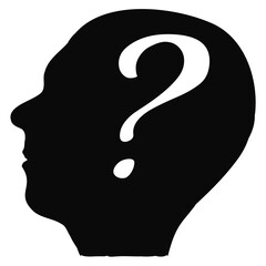 Silhouette of human head in profile with question mark in brain isolated on white background. Design element.