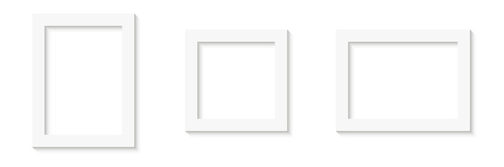 White empty photo or picture frames with shades isolated on white background. Vector illustration. Wall decor. Rectangle and square vertical and horizontal photo frame