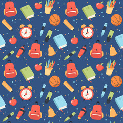 School seamless pattern. Supplies and equipment for learning. Cute vector illustration in flat cartoon style