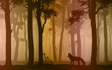 Obraz premium Vector background with fox and birds in the forest. The illustration is seamless horizontally. 