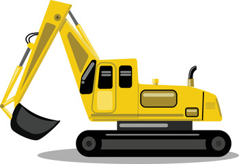 yellow excavator toy in cartoon style isolated on white