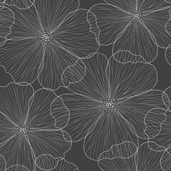Seamless floral abstract background with  flowers drawn by thin lines. Black and white, monochrome