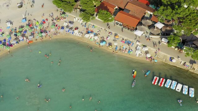 Aerial scene of the beach in Biograd town, the Adriatic Sea in Croatia