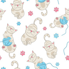 Cat seamless pattern. Graphic design for children. Fairy tale cartoon cat. Caricature. Ball of yarn and paw. Print, packaging template, textile, bedding and wallpaper.
