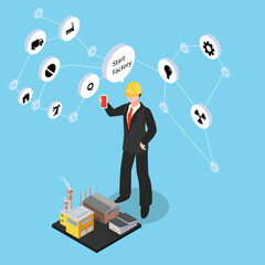 Businessman with phone in his hand starts and manage huge plant with application isometric 3d vector illustration concept for banner, website, illustration, landing page, flyer, etc.