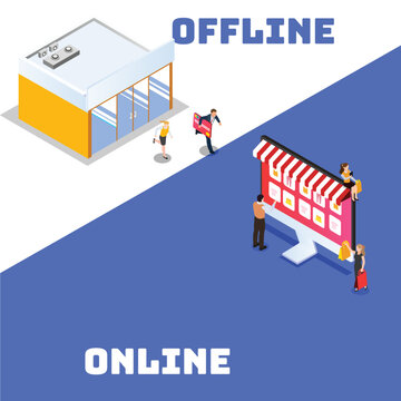 Switching from offline to online shopping isometric 3d vector illustration concept for banner, website, illustration, landing page, flyer, etc.