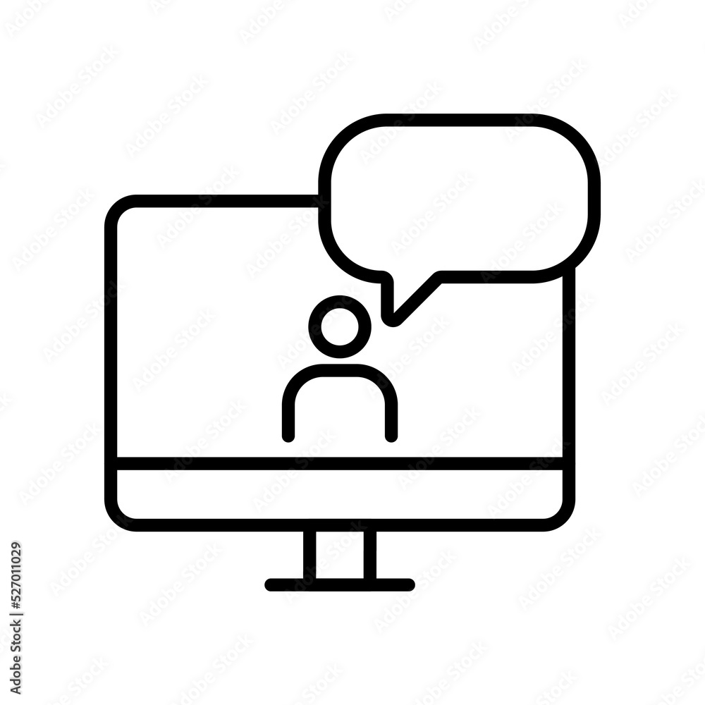 Poster computer and bubble text icon design. simple video conference illustration in line art style.