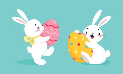 Obraz na płótnie Canvas White Easter Bunny Carrying and Embracing Colorful Egg on Blue Background Vector Set