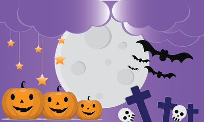 Happy Halloween banner or party invitation background with clouds, bats and pumpkins in paper cut style. Vector illustration. Full moon in orange sky, spiders web. Place for text