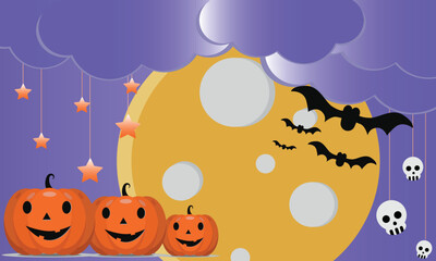 Happy Halloween banner or party invitation background with clouds, bats and pumpkins in paper cut style. Vector illustration. Full moon in orange sky, spiders web. Place for text