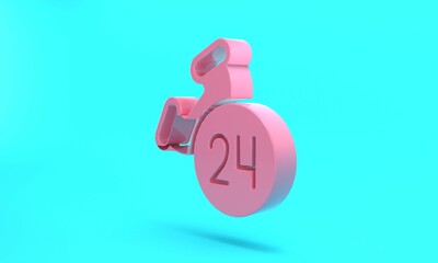 Pink Telephone 24 hours support icon isolated on turquoise blue background. All-day customer support call-center. Full time call services. Minimalism concept. 3D render illustration
