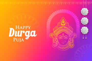 Goddess Durga Face in Happy Durga Puja Subh Navratri Indian religious festival background