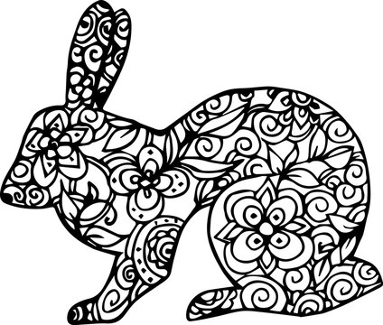 Drawn patterned crawl. Rabbit mandala. Floral pattern. India. Mandala. Morocco. East style. Mandala animals. Logo. Tattoo. Artistic drawing of a rabbit.