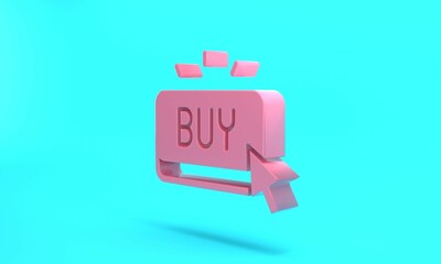 Pink Buy button icon isolated on turquoise blue background. Minimalism concept. 3D render illustration