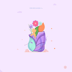 Vector beige light cat sitting in a backpack among different plants flowers, leaves and holding a bell on an autumn day. Backpack is decorated by some falling leaves and two autumn bushes, text.