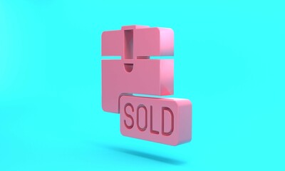 Pink Sold icon isolated on turquoise blue background. Minimalism concept. 3D render illustration