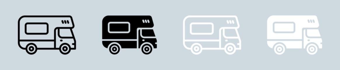 Camper van icon set in black and white. Recreational vehicles signs vector illustration.