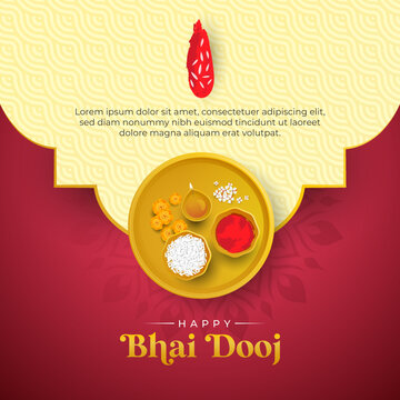 Happy Bhai Dooj Greeting Template with Decorative Ornaments, Bhai Tika, Indian Religious Festival Bhai Dooj Wishes Background
