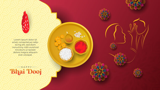 Happy Bhai Dooj Greeting Template with Decorative Ornaments, Bhai Tika, Indian Religious Festival Bhai Dooj Wishes Background