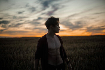 silhouette of a sexy muscular man at sunset in a field, a long-haired handsome man with a naked torso in nature. The concept of a romantic single man.