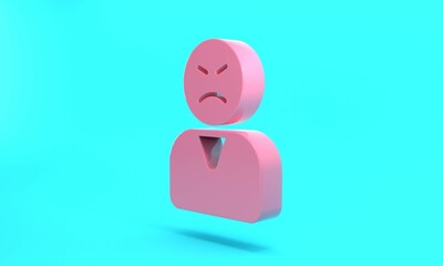 Pink Angry customer icon isolated on turquoise blue background. Minimalism concept. 3D render illustration