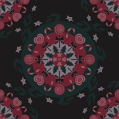 Christmas Seamless Pattern. Lollipop Mandala. Heart lollipop and Candy cane. Christmas tree and stars. Chocolate and raspberry colors. Vector illustration.
