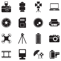 Photography Equipment Icons. Black Flat Design. Vector Illustration.