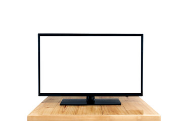Flat TV LCD monitor with blank screen on wood table isolated on white background, clipping path