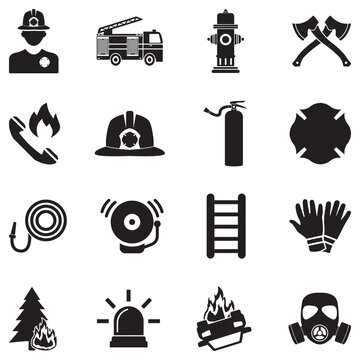 Firefighter Icons. Black Flat Design. Vector Illustration.