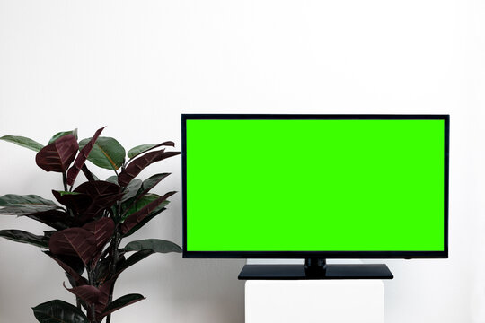 4K, flat TV LCD monitor with blank green screen in living room with clipping path